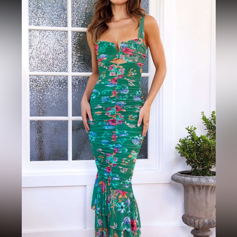 MICAS floral print cut out ruched midi dress